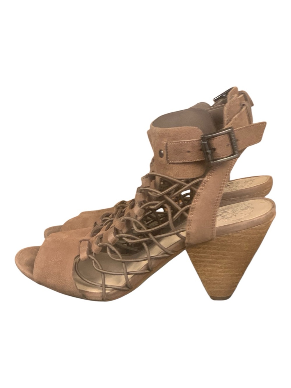 Vince Camuto Brown Leather Peep Toe‎ Strappy Heeled Boho Sandal Size 7